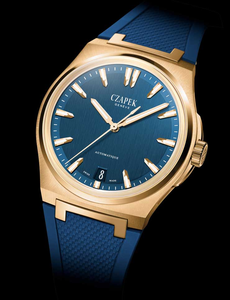 Czapek Antarctique Mount Erebus Deep Blue in Gelbgold mit Kautschukband