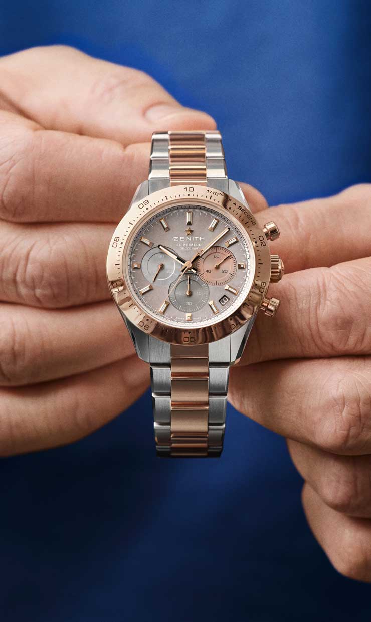 Das Perlmutt-Zifferblatt der Zenith Chronomaster Sport in Edelstahl und Roségold